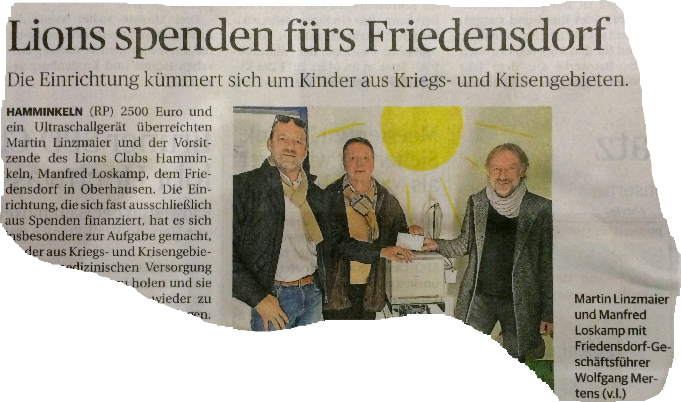 Friedensdorf Oberhausen erhält weitere Spende